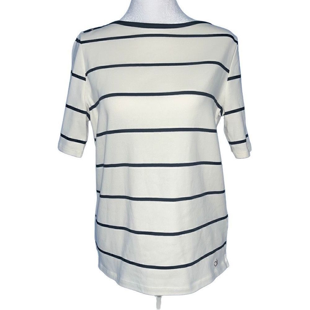 Calvin Klein Nautical Stripe Boat Neck Top Cream Navy Gold Logo M NWT